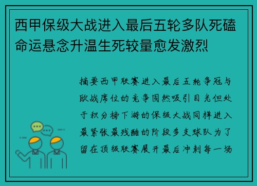 西甲保级大战进入最后五轮多队死磕命运悬念升温生死较量愈发激烈